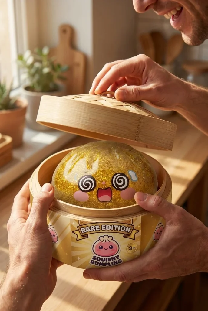 Gold Dumpling Squishy Glücksbringer beim Auspacken