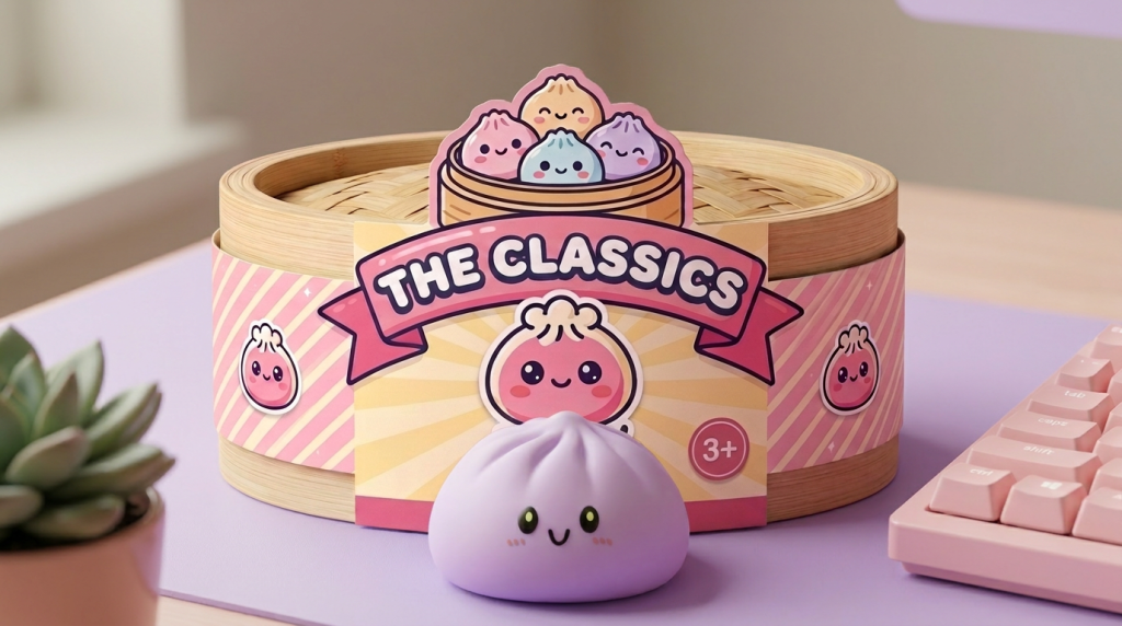 Dumpling Squishy Magenta-Grau mit Bambuskorb in seiner kawaii Umgebung