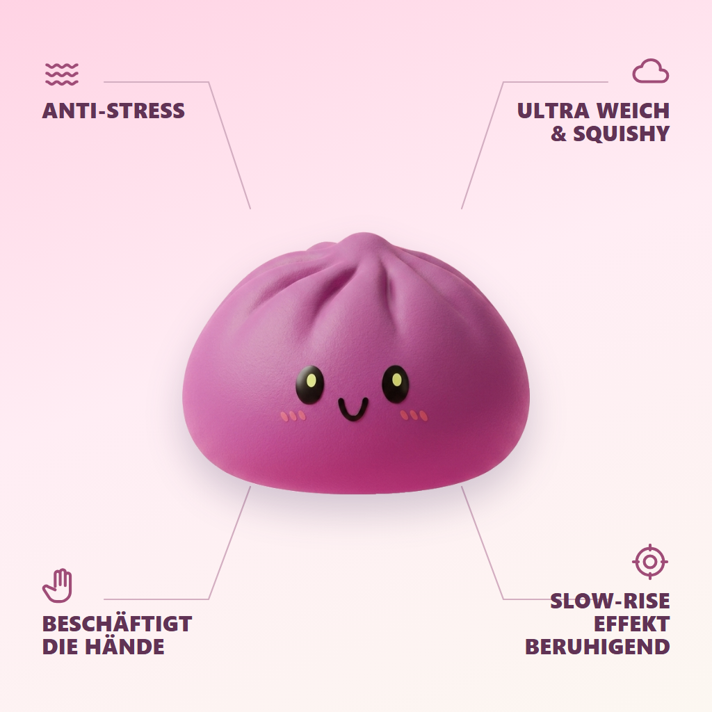Dumpling Squishy Magenta-Grau mit Bambuskorb — seine Vorteile