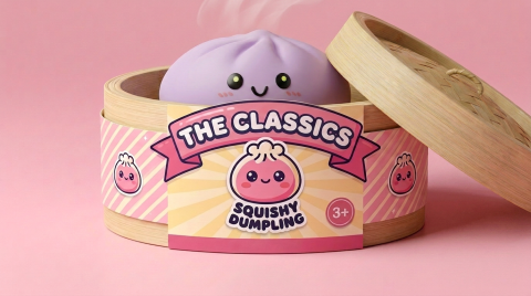 Dumpling Squishy Magenta-Grau mit Bambuskorb im Bambus-Dämpfkörbchen