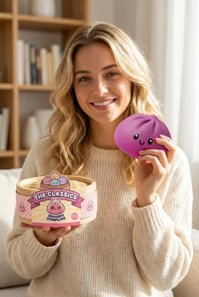 Dumpling Squishy Magenta-Grau mit Bambuskorb mit seiner Box
