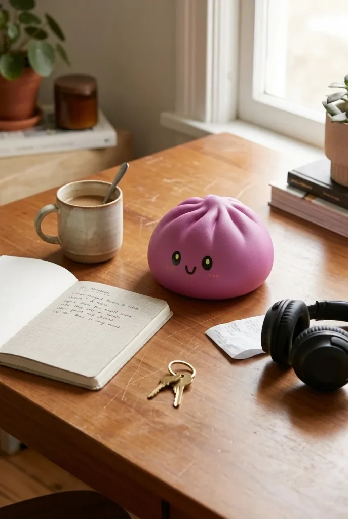 Dumpling Squishy Magenta-Grau mit Bambuskorb auf dem Schreibtisch