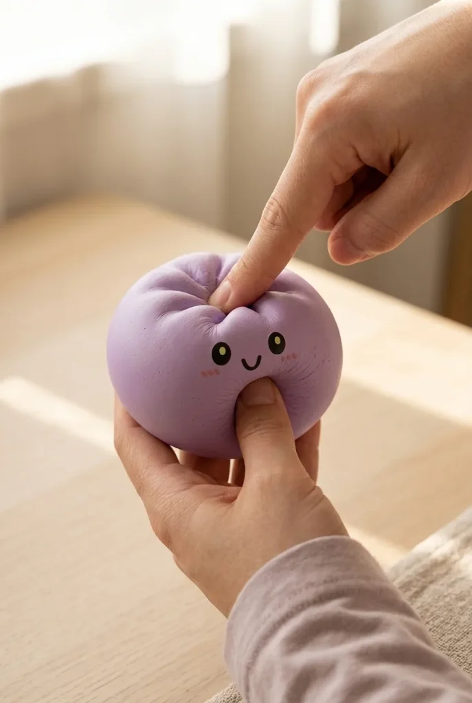 Dumpling Squishy Magenta-Grau mit Bambuskorb beim Drücken