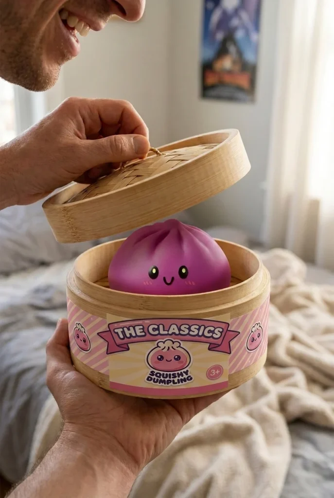 Dumpling Squishy Magenta-Grau mit Bambuskorb beim Auspacken