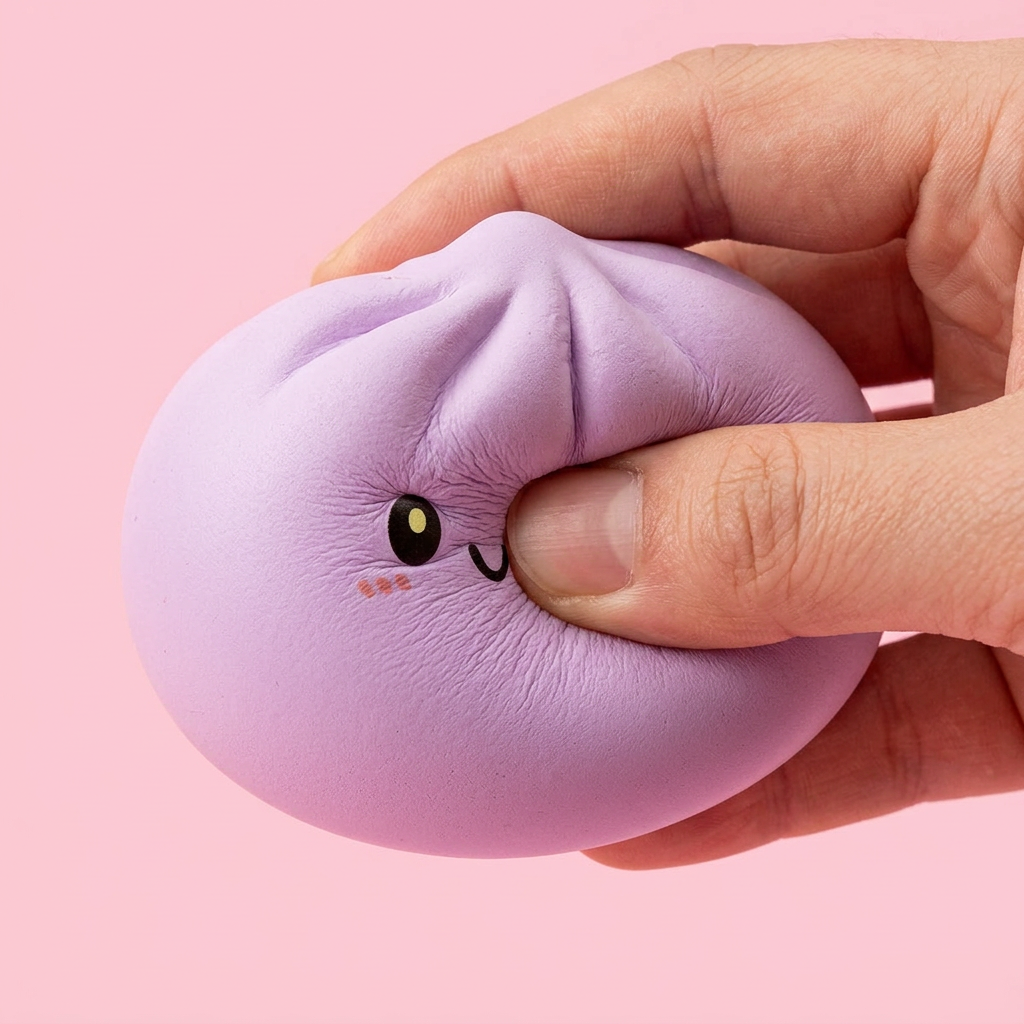 Dumpling Squishy Magenta-Grau mit Bambuskorb — slow-rise Effekt, der Schaum federt langsam zurück