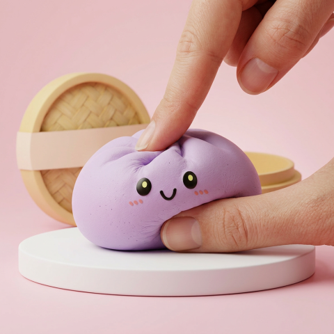 Dumpling Squishy Magenta-Grau mit Bambuskorb beim Drücken, weiches Material