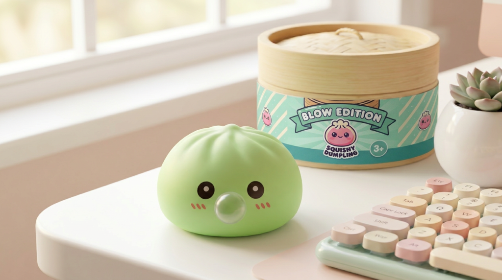 Dumpling Squishy Grün Frisch mit Bambuskorb in seiner kawaii Umgebung