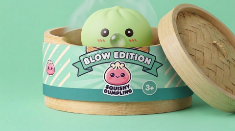 Dumpling Squishy Grün Frisch mit Bambuskorb im Bambus-Dämpfkörbchen