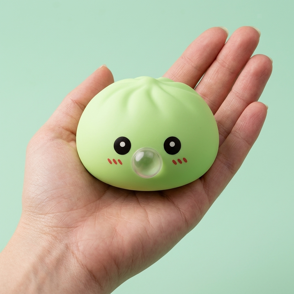 Dumpling Squishy Grün Frisch mit Bambuskorb in der Hand gehalten, echte Größe