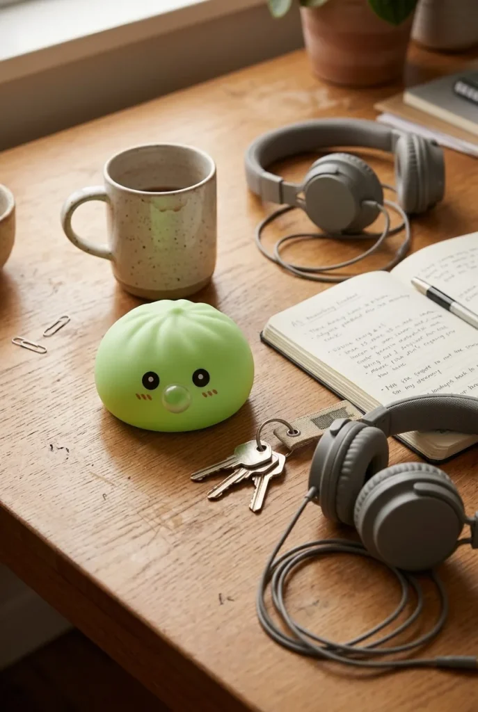 Dumpling Squishy Grün Frisch mit Bambuskorb auf dem Schreibtisch