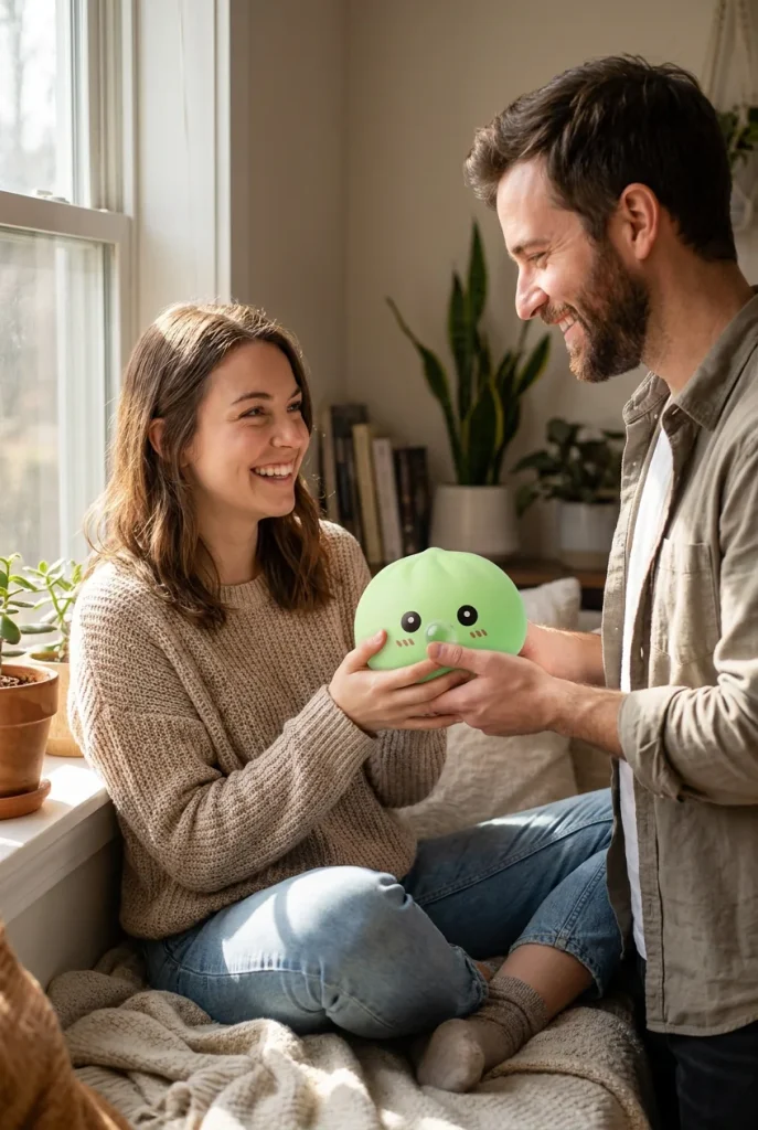 Dumpling Squishy Grün Frisch mit Bambuskorb als Geschenkidee