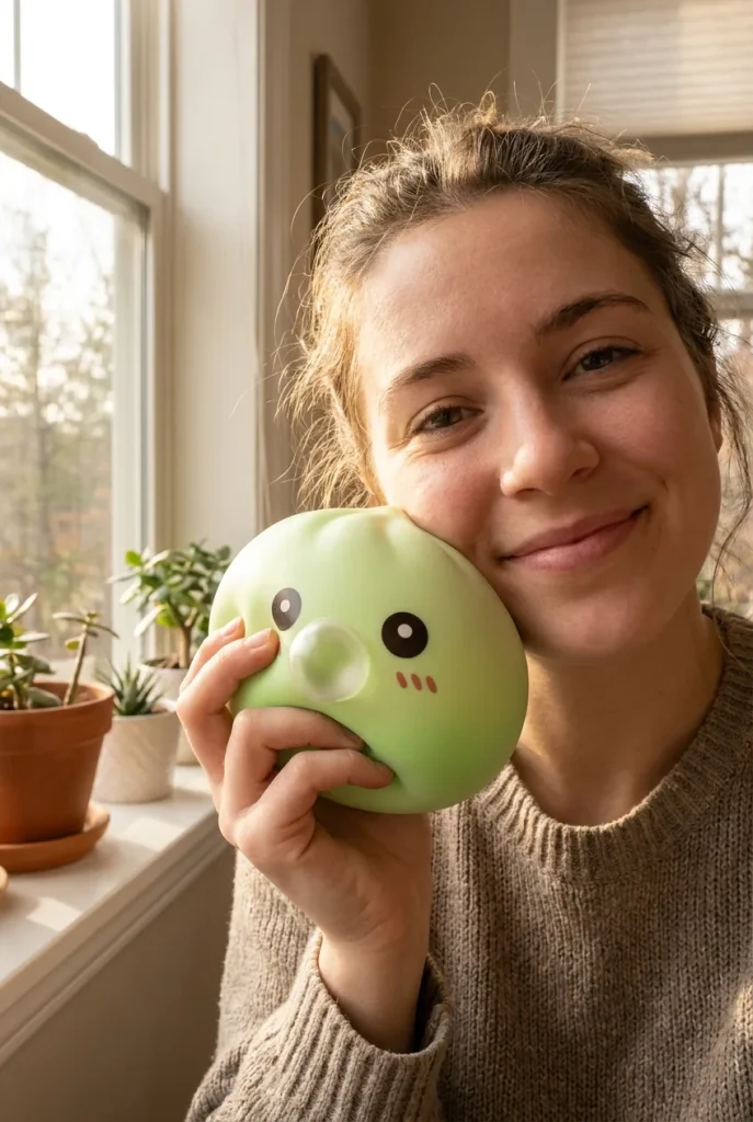 Dumpling Squishy Grün Frisch mit Bambuskorb im Alltag