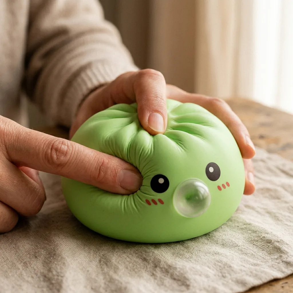Dumpling Squishy Grün Frisch mit Bambuskorb beim Drücken