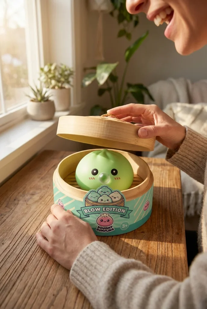 Dumpling Squishy Grün Frisch mit Bambuskorb beim Auspacken