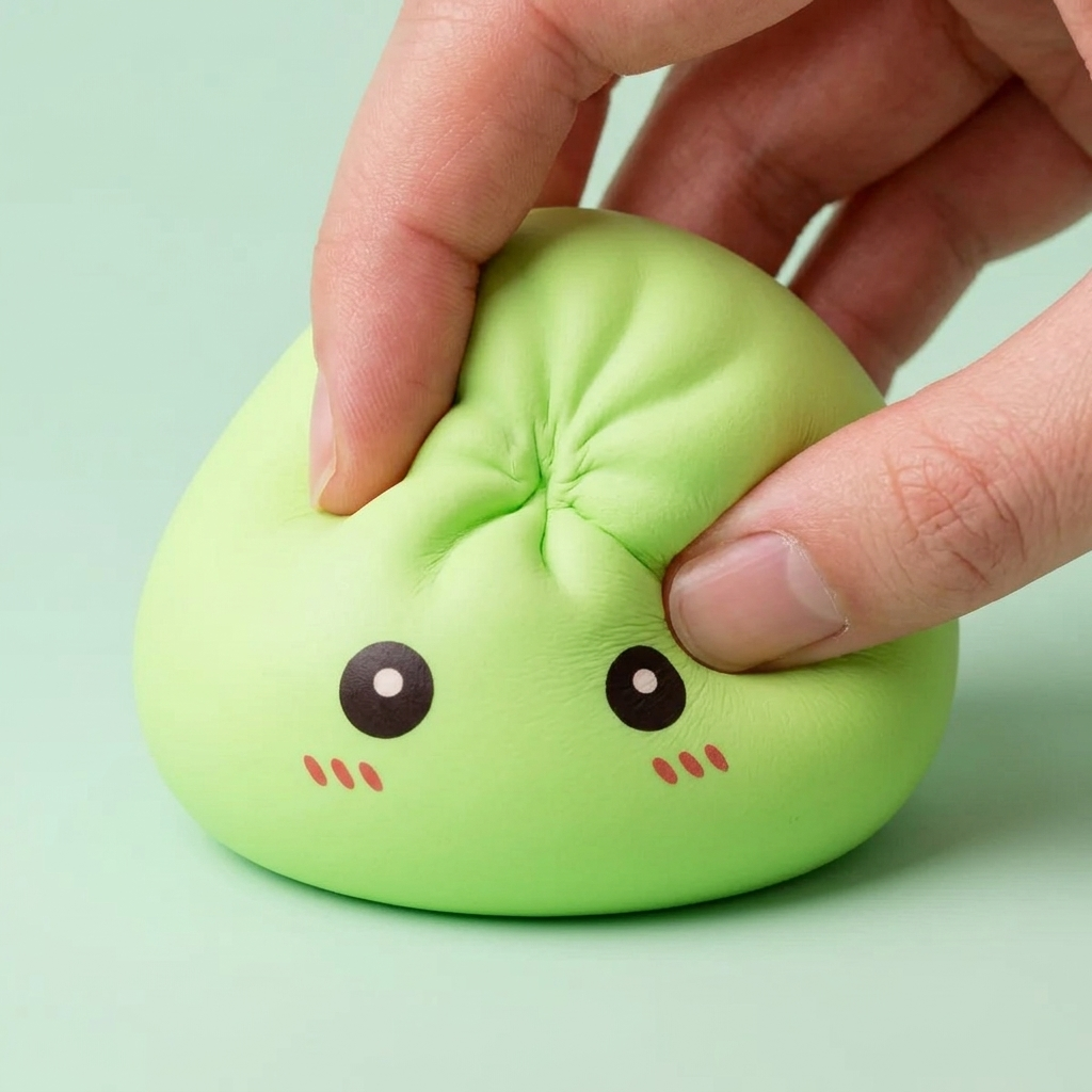 Dumpling Squishy Grün Frisch mit Bambuskorb — slow-rise Effekt, der Schaum federt langsam zurück