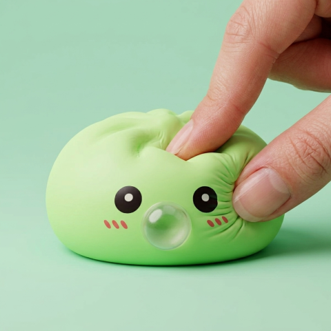 Dumpling Squishy Grün Frisch mit Bambuskorb beim Drücken, weiches Material