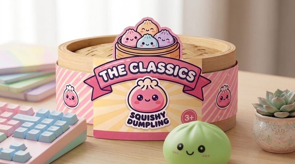 Dumpling Squishy Matcha Grün mit Bambuskörbchen in seiner kawaii Umgebung