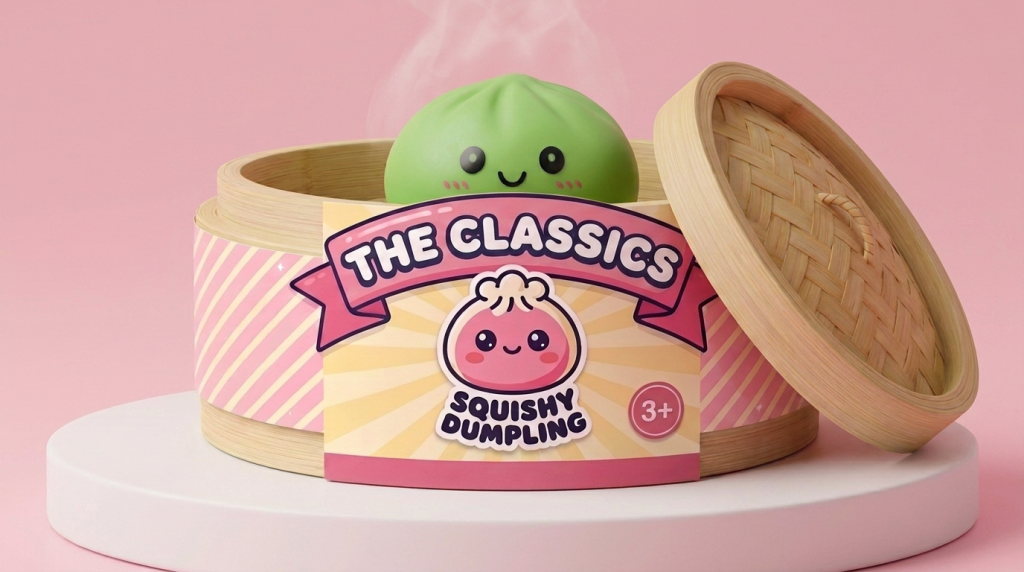 Dumpling Squishy Matcha Grün mit Bambuskörbchen im Bambus-Dämpfkörbchen