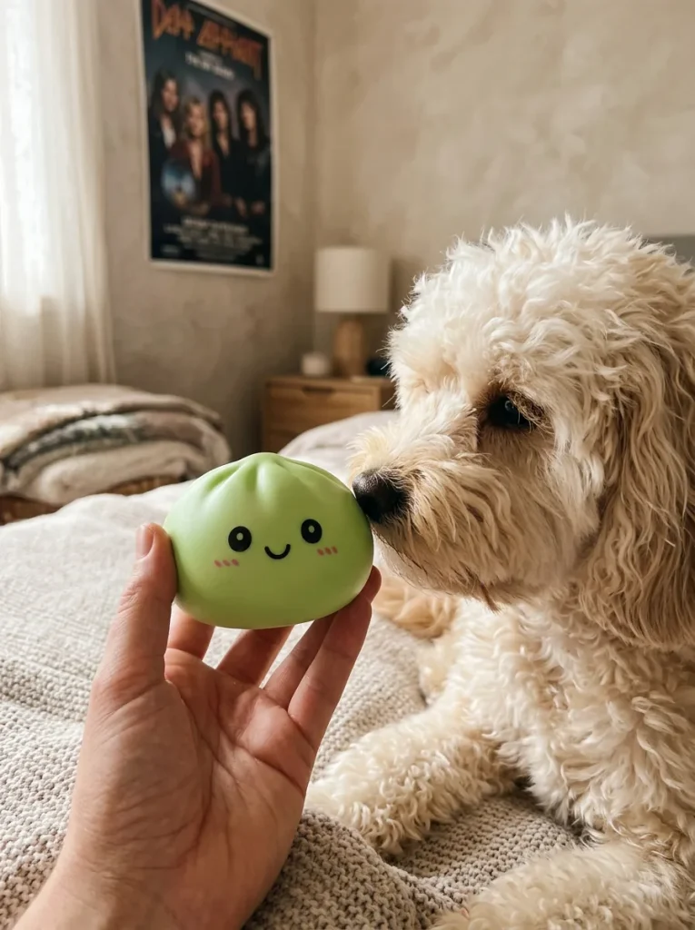 Dumpling Squishy Matcha Grün mit Bambuskörbchen mit einem Kuscheltier