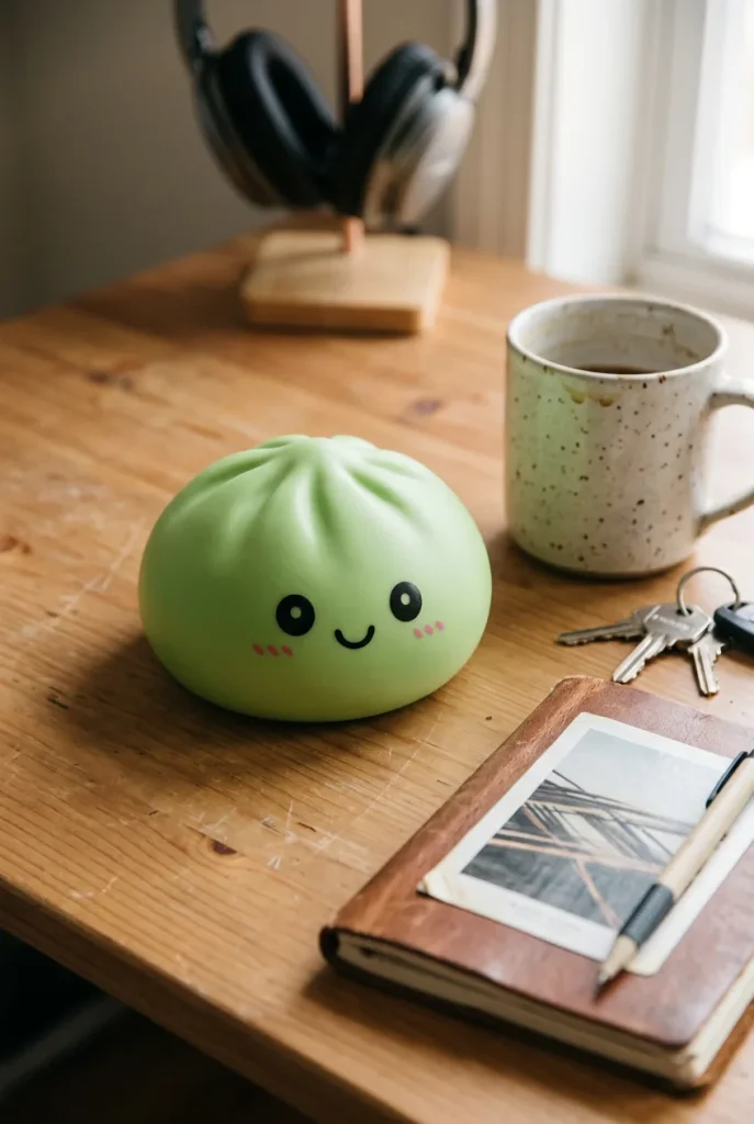 Dumpling Squishy Matcha Grün mit Bambuskörbchen auf dem Schreibtisch