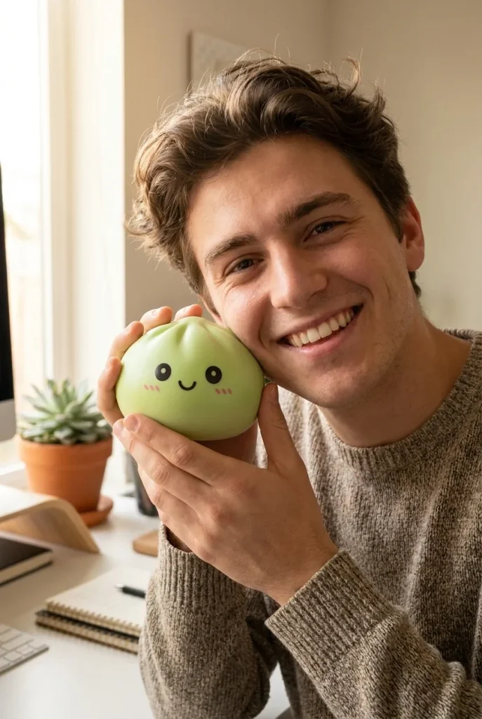 Dumpling Squishy Matcha Grün mit Bambuskörbchen im Alltag