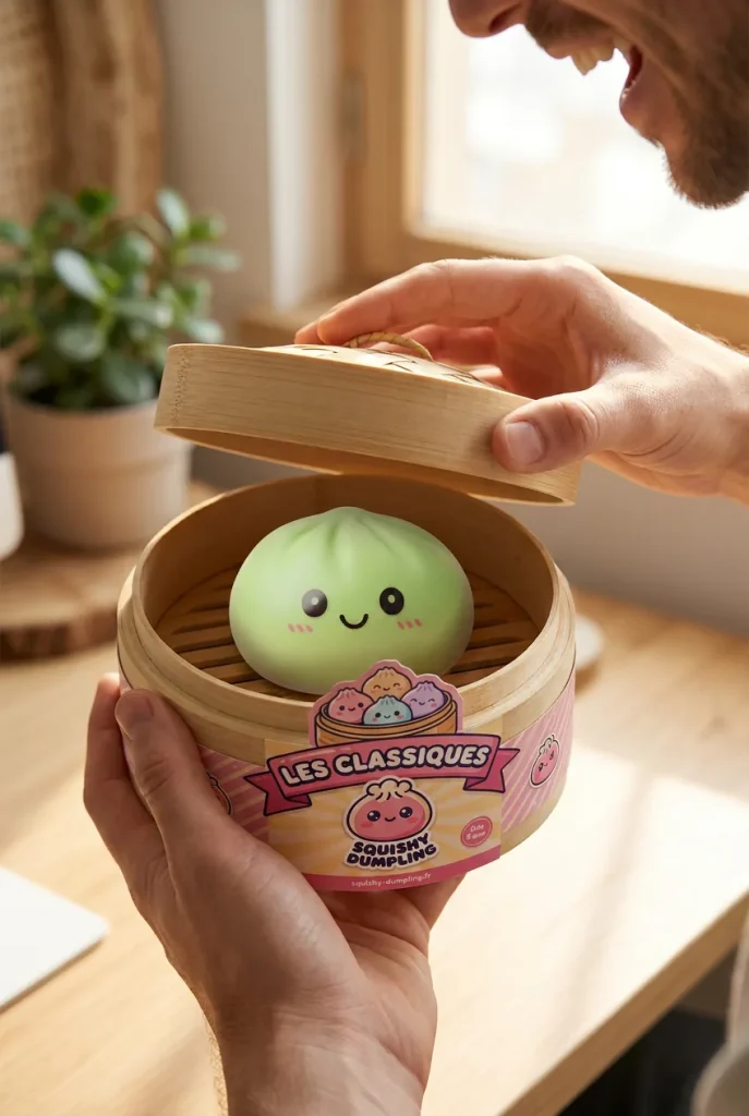 Dumpling Squishy Matcha Grün mit Bambuskörbchen beim Auspacken