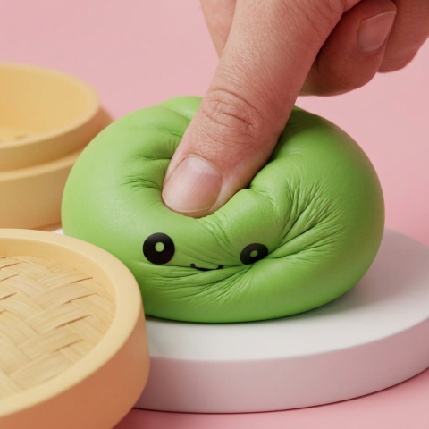 Dumpling Squishy Matcha Grün mit Bambuskörbchen — slow-rise Effekt, der Schaum federt langsam zurück