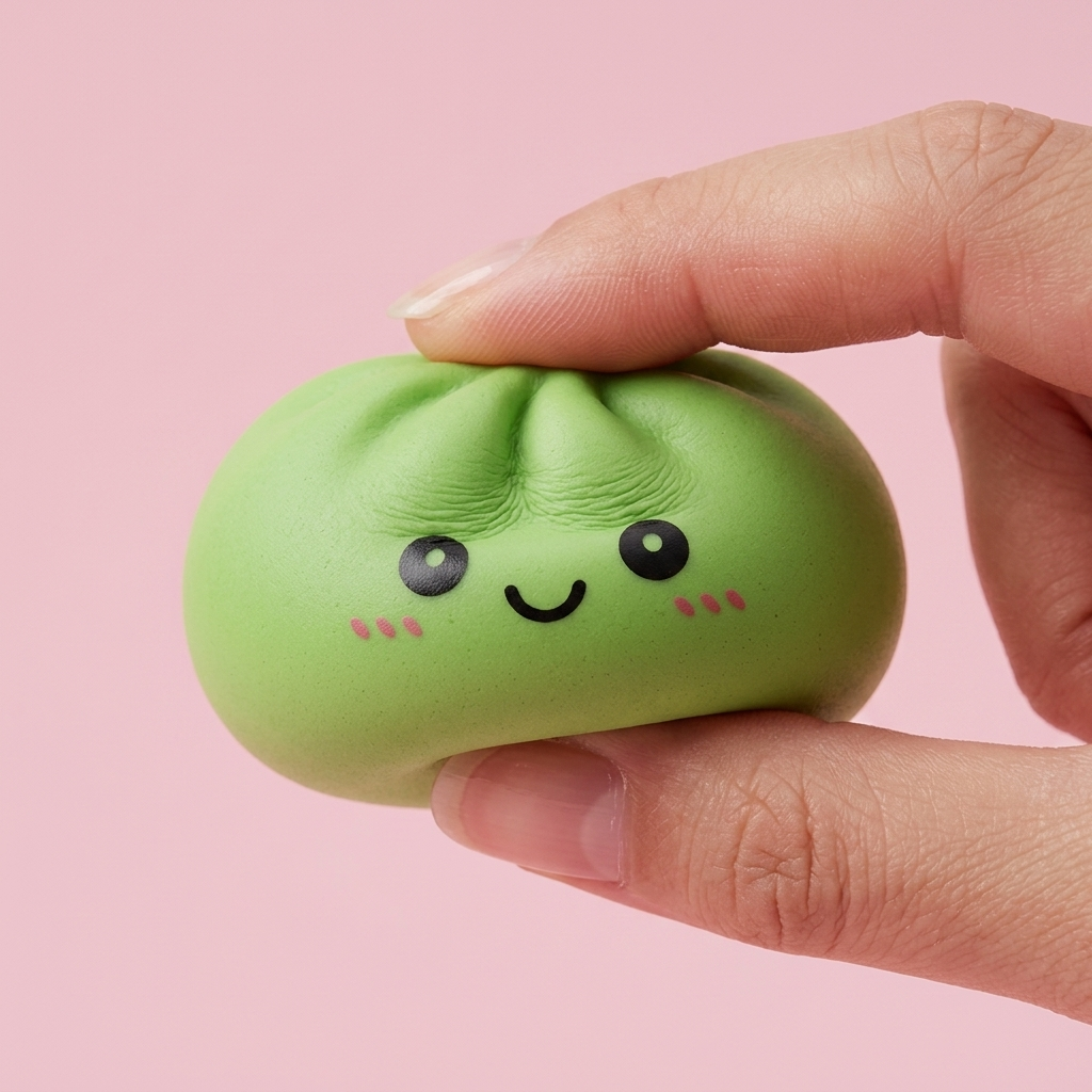 Dumpling Squishy Matcha Grün mit Bambuskörbchen beim Drücken, weiches Material