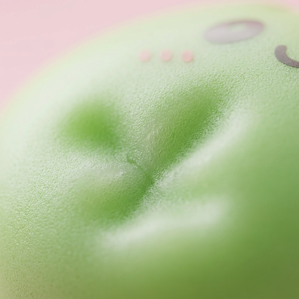 Dumpling Squishy Matcha Grün mit Bambuskörbchen — Makro-Nahaufnahme der Textur