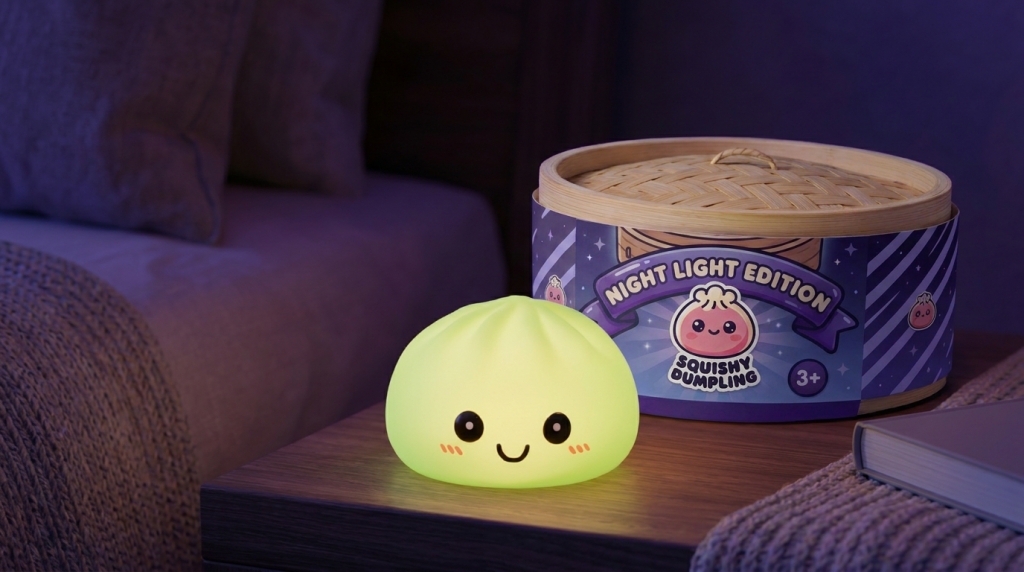 Dumpling Squishy Nachtlicht Grün Leuchtend in seiner kawaii Umgebung