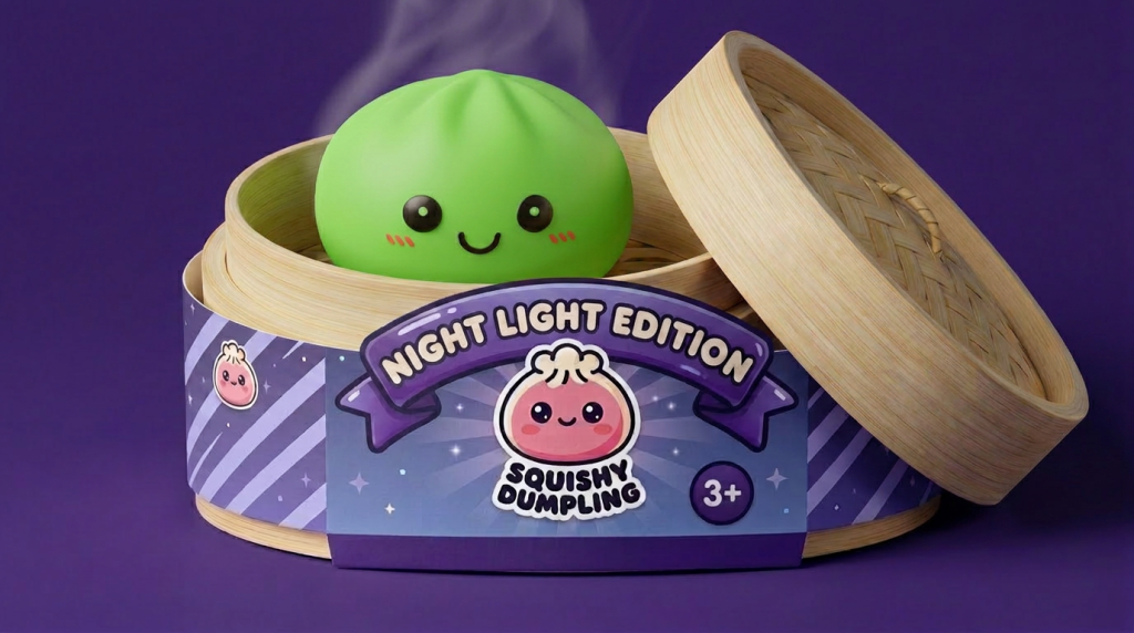 Dumpling Squishy Nachtlicht Grün Leuchtend im Bambus-Dämpfkörbchen