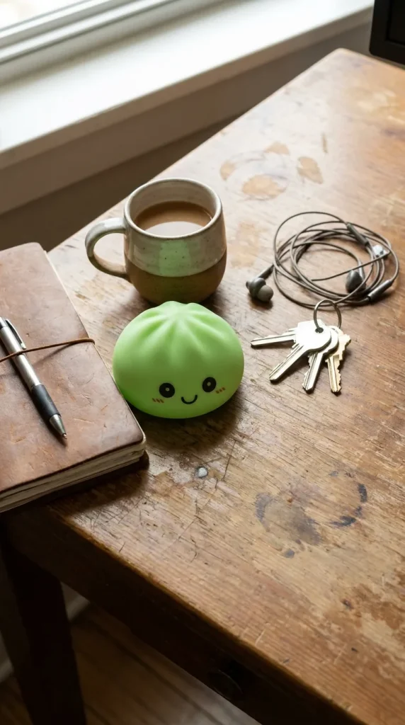 Dumpling Squishy Nachtlicht Grün Leuchtend auf dem Schreibtisch