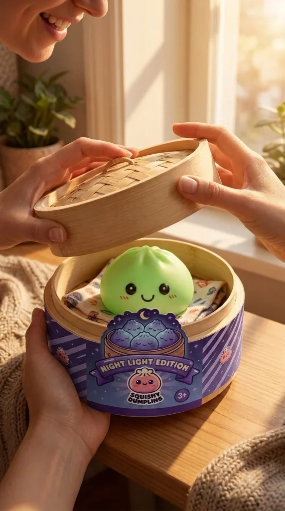 Dumpling Squishy Nachtlicht Grün Leuchtend beim Auspacken