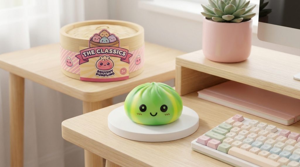 Tie Dye Dumpling Squishy Grün-Wirbel in seiner kawaii Umgebung