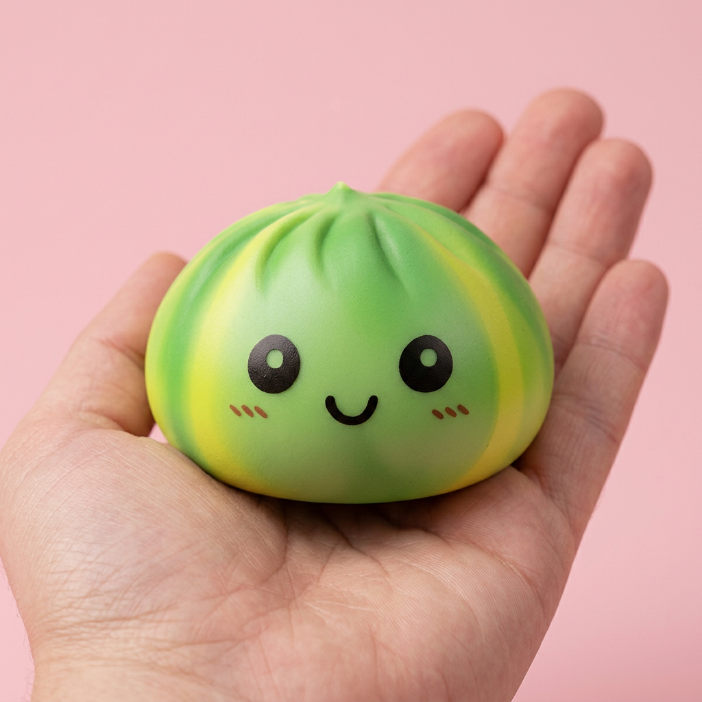 Tie Dye Dumpling Squishy Grün-Wirbel in der Hand gehalten, echte Größe