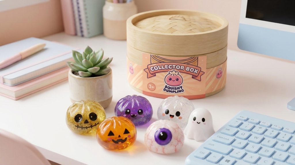 Dumpling Squishy Halloween Set mit 5 Motiven in seiner kawaii Umgebung