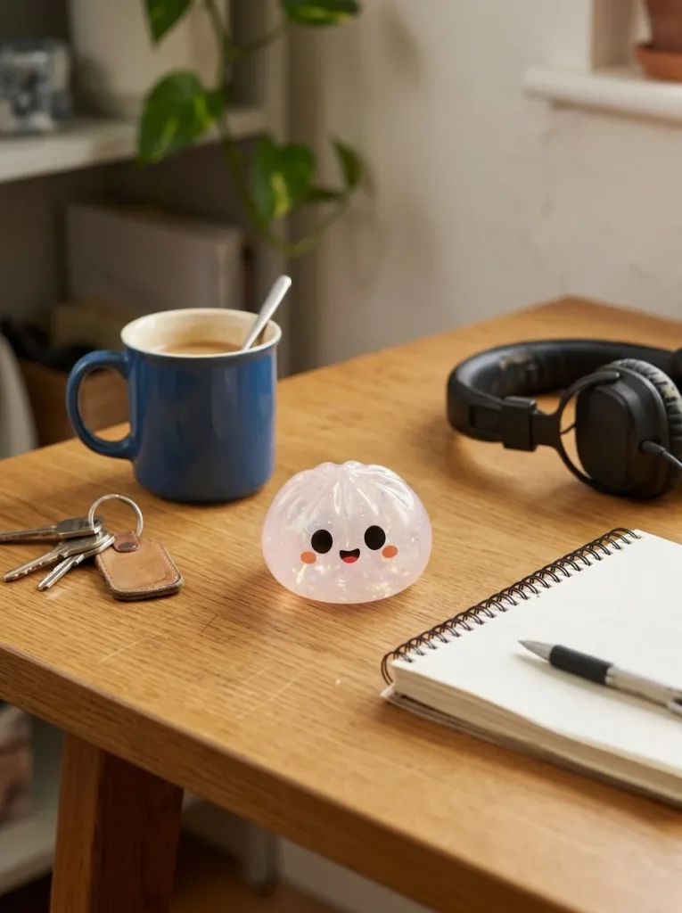 Dumpling Squishy Halloween Set mit 5 Motiven auf dem Schreibtisch