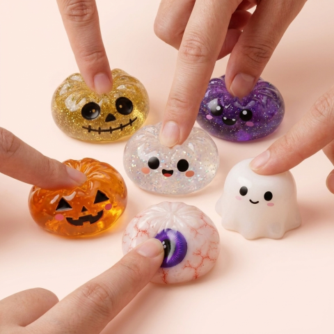 Dumpling Squishy Halloween Set mit 5 Motiven beim Drücken, weiches Material