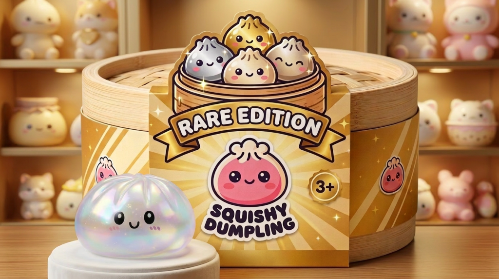 Dumpling Squishy Holographique Regenbogenschimmer in seiner kawaii Umgebung