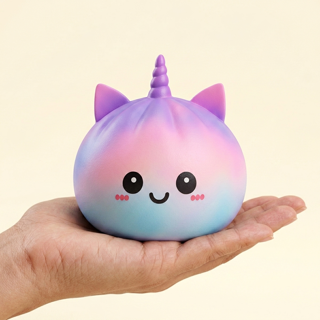 Jumbo Dumpling Squishy Einhorn Regenbogen Mystery in der Hand gehalten, echte Größe
