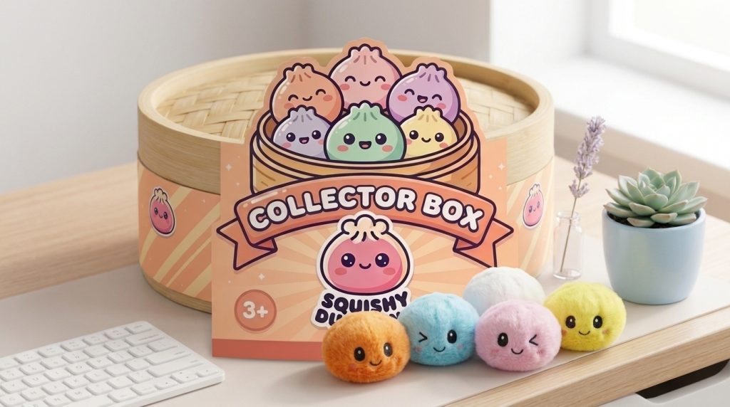 Dumpling Squishy Schlüsselanhänger 6er Mystery-Set in seiner kawaii Umgebung