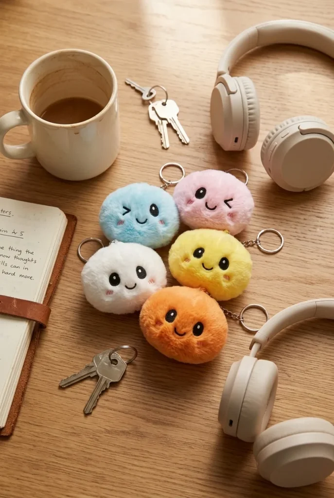 Dumpling Squishy Schlüsselanhänger 6er Mystery-Set auf dem Schreibtisch