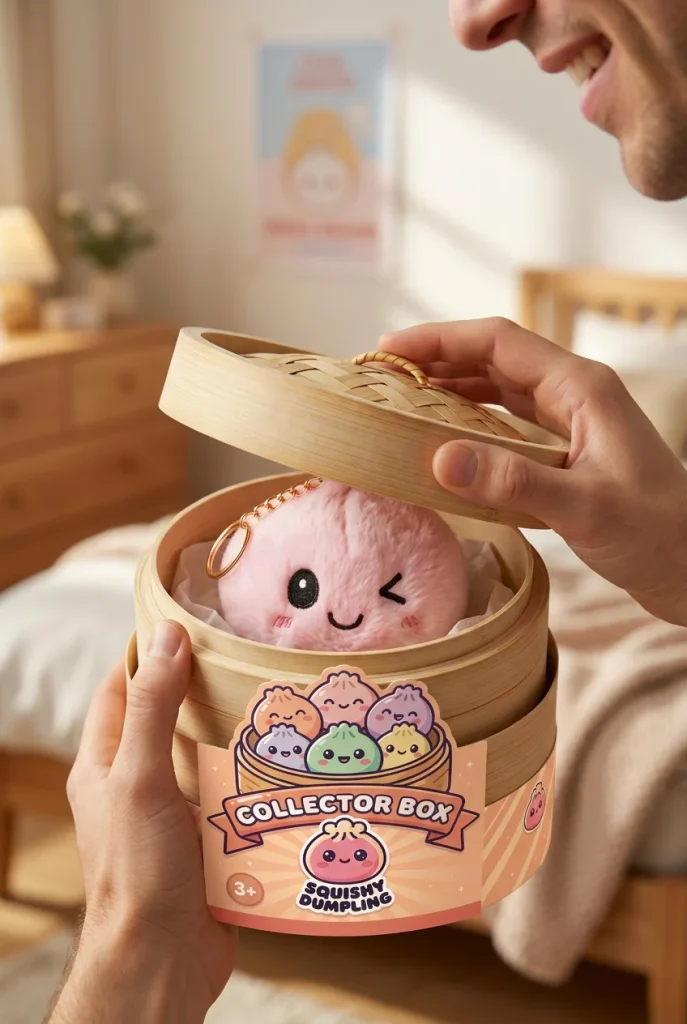Dumpling Squishy Schlüsselanhänger 6er Mystery-Set beim Auspacken