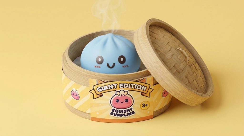 Squishy Dumpling Blue Giant Jumbo im Bambus-Dämpfkörbchen