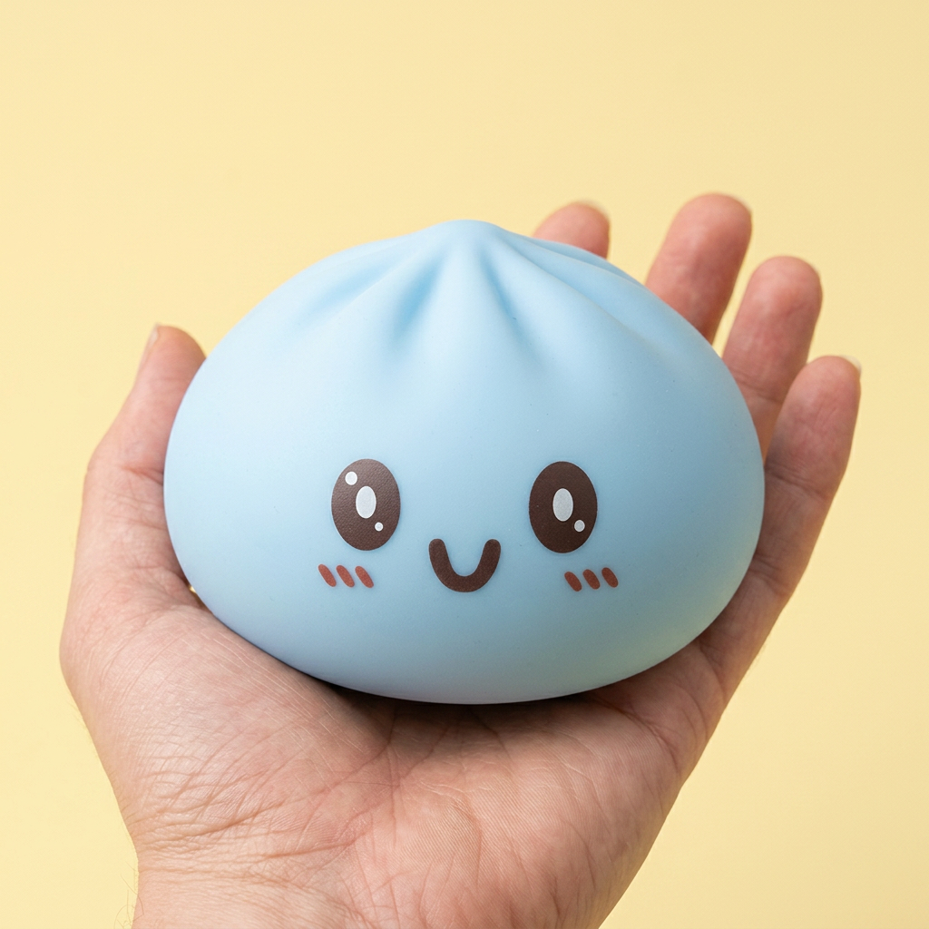 Squishy Dumpling Blue Giant Jumbo in der Hand gehalten, echte Größe
