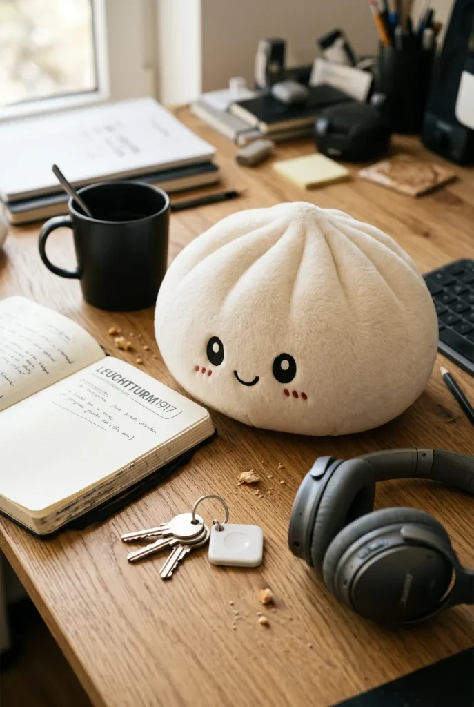 Squishy Dumpling Big – XXL Kuschelkissen 25 cm auf dem Schreibtisch
