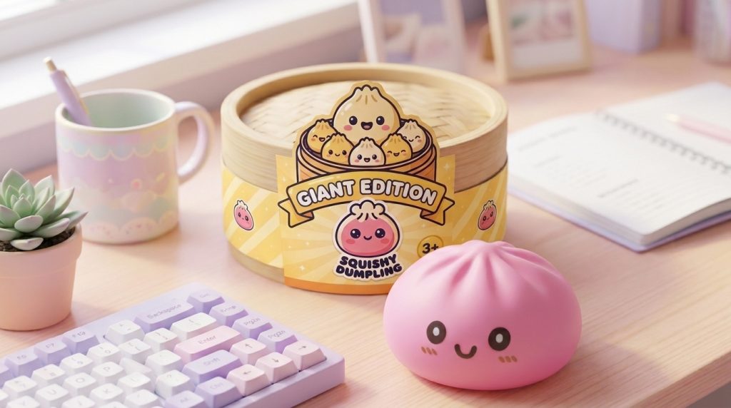 XXL Dumpling Squishy Rosa in seiner kawaii Umgebung
