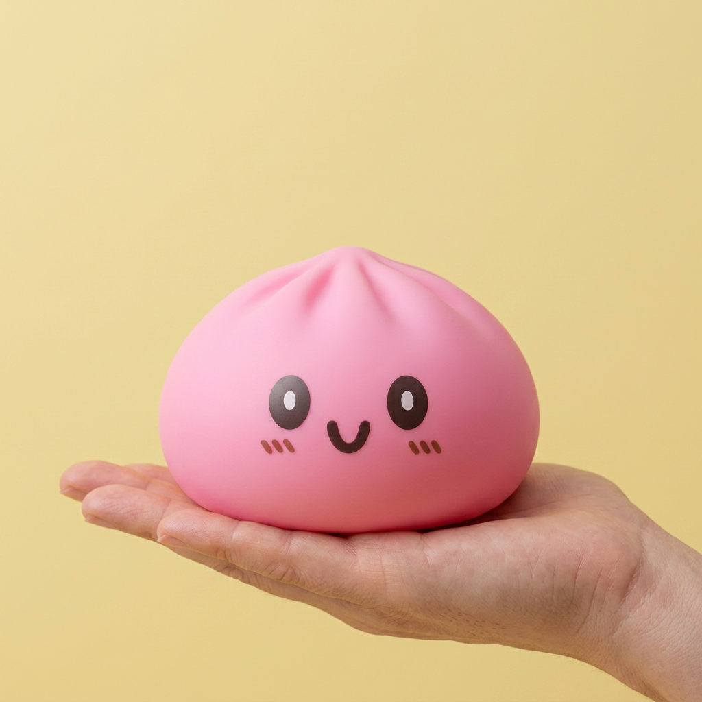 XXL Dumpling Squishy Rosa in der Hand gehalten, echte Größe