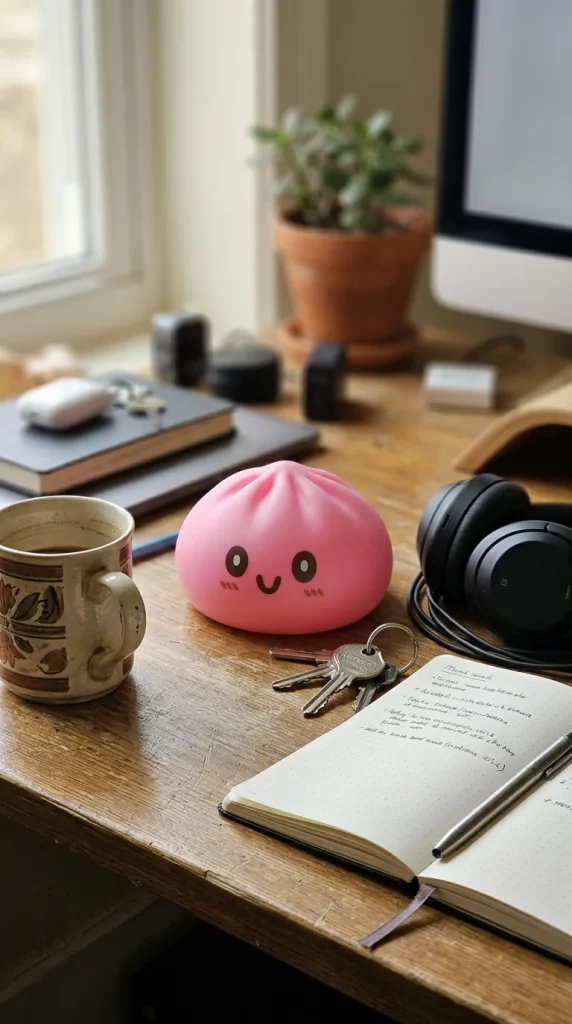 XXL Dumpling Squishy Rosa auf dem Schreibtisch