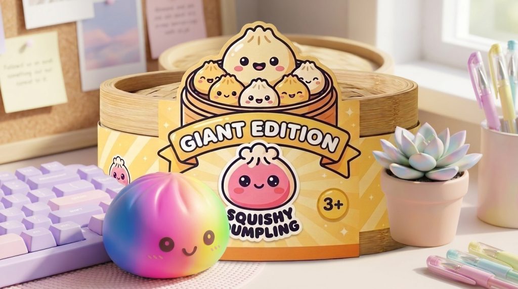 Rainbow Dumpling Squishy XXL Regenbogen-Riese in seiner kawaii Umgebung